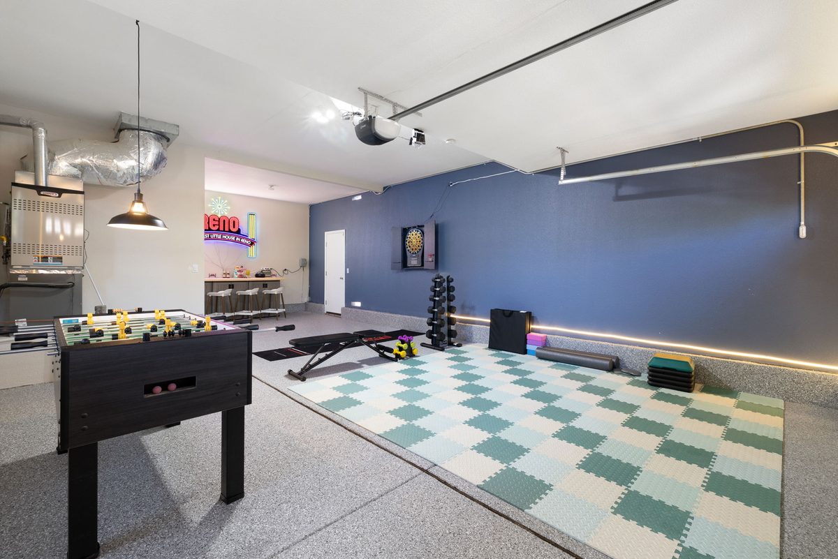 Arcade garage and game room with foosball
